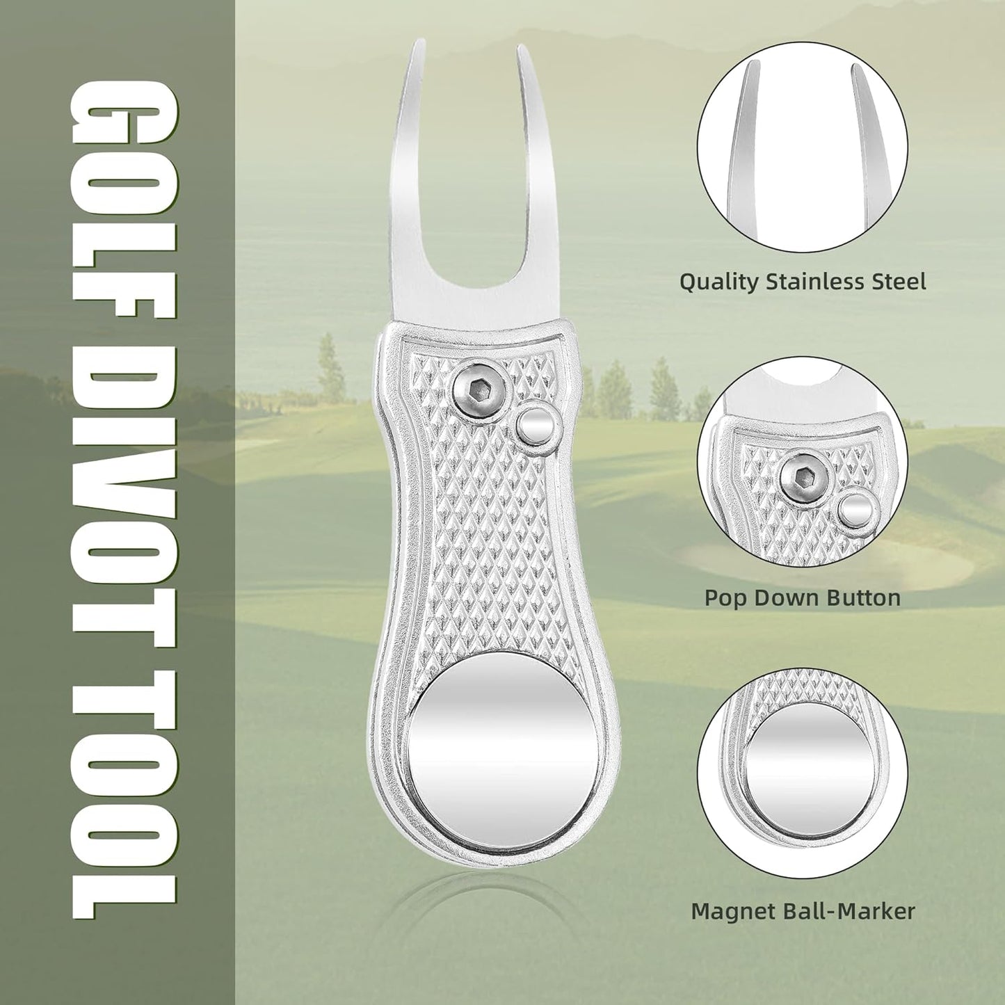 Golf Divot Repair Tool, All Metal Foldable Divot Tool with Pop-Up Button & Magnetic Ball Marker