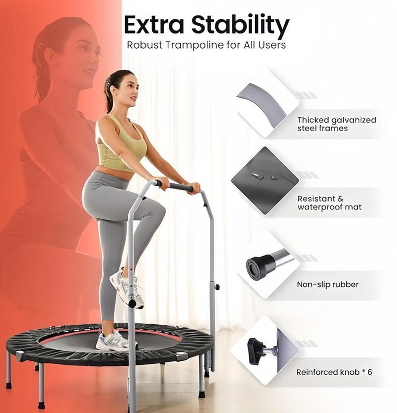 40/48" Foldable Mini Trampoline Max Load 330Lbs,Fitness Rebounder with Adjustable Handle,Stable & Quiet Exercise Trampoline for Indoor/Garden Workout