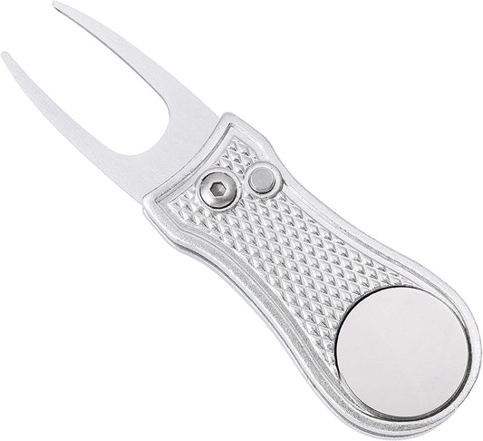 Golf Divot Repair Tool, All Metal Foldable Divot Tool with Pop-Up Button & Magnetic Ball Marker