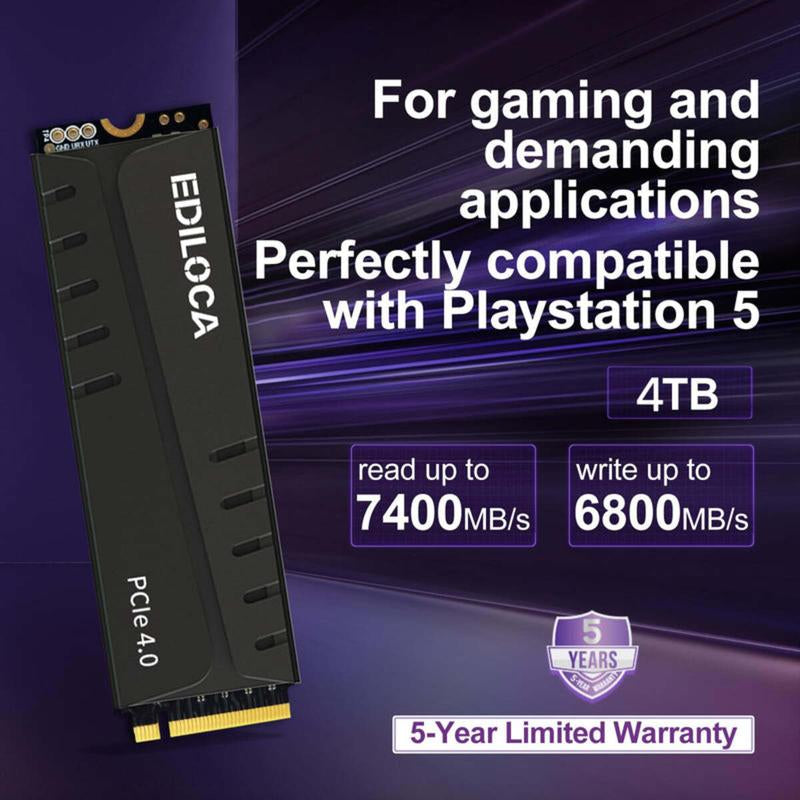 Ediloca EN855 Internal Gaming SSD with Heatsink 1TB Pcie Gen4, up to 7400Mb/S, Nvme M.2 2280, 3D TLC NAND Flash, Solid State Drive, Configure DRAM Cache, Compatible with PS5 and PC Harddrives M 2 Gaming S S S D Internal Solid Pcie Gen4