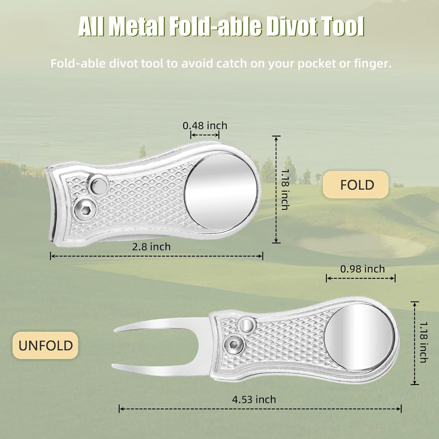 Golf Divot Repair Tool, All Metal Foldable Divot Tool with Pop-Up Button & Magnetic Ball Marker