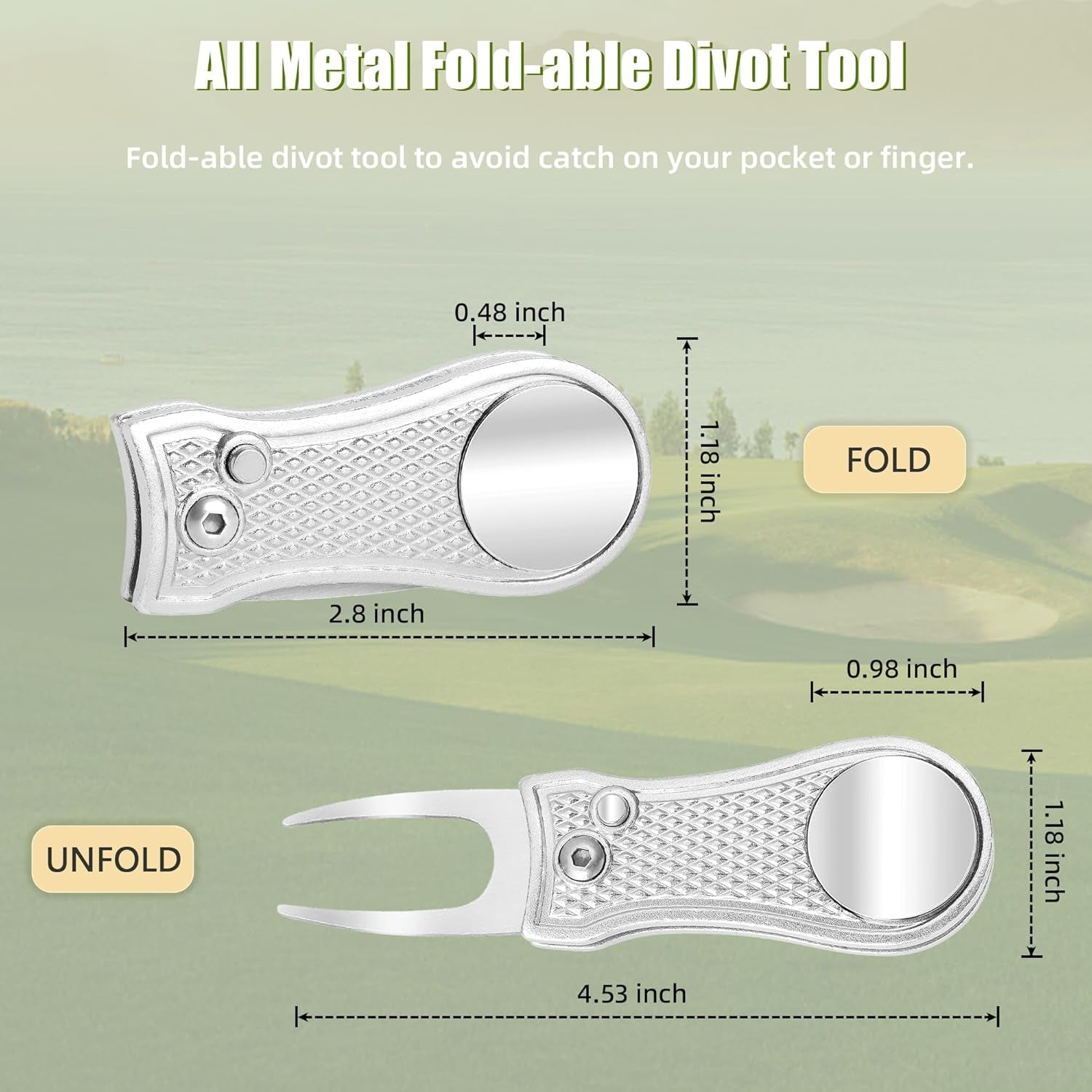 Golf Divot Repair Tool, All Metal Foldable Divot Tool with Pop-Up Button & Magnetic Ball Marker