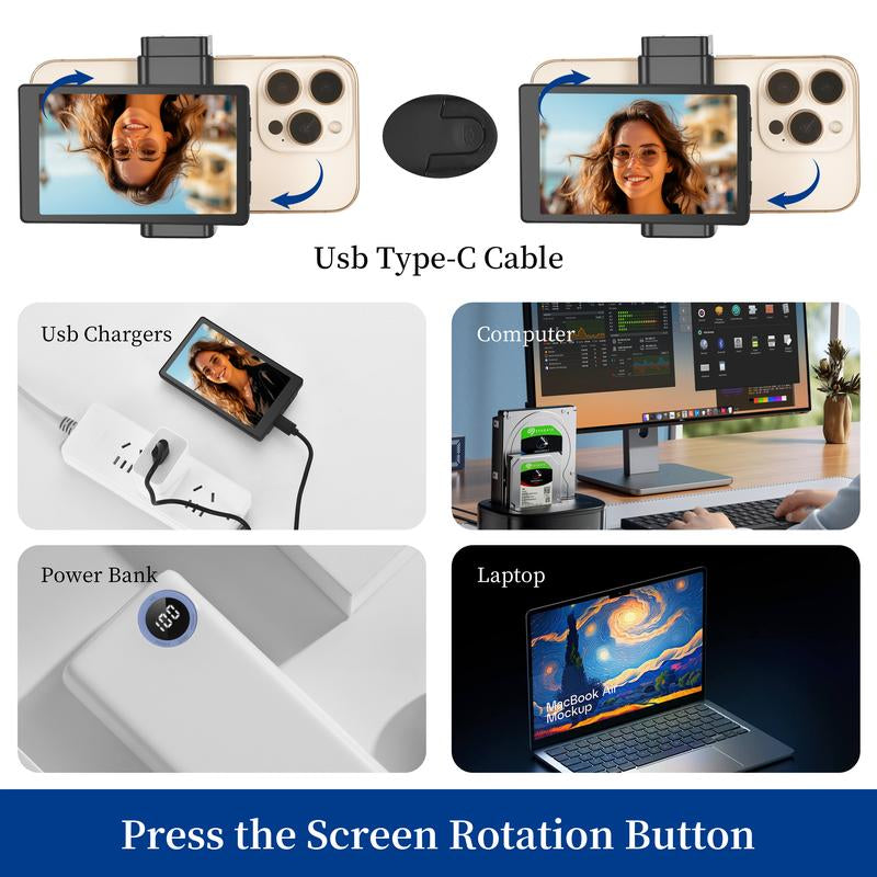 Omnimaster Phone Vlog Selfie Monitor Screen, Using Rear Camera for Selfie Vlog Live Stream (Wireless for Iphone & Android Phone. Wire for Iphone ONLY)